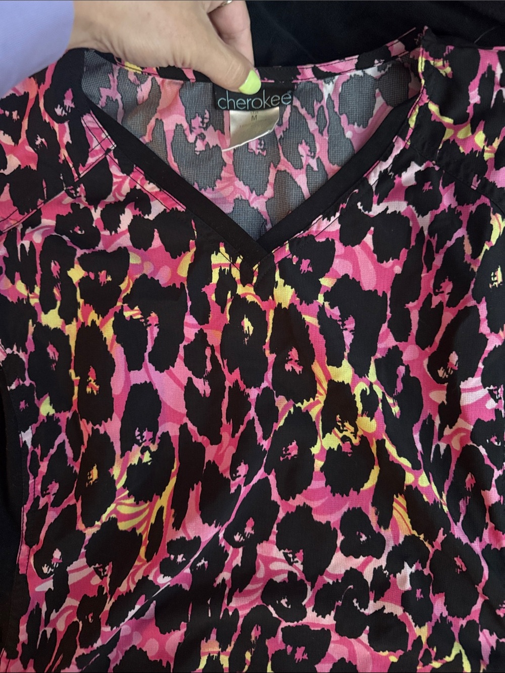 Cherokee Pink Black Leopard print scrub top -M